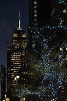 Empire State Building illuminated at night with festive tree lights in New York City.