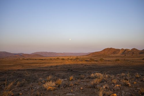 Free A serene desert landscape during sunset with distant hills and the moon rising in the sky. Stock Photo