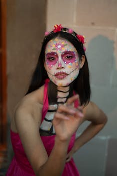 Colorful portrait showcasing Day of the Dead face paint with floral details.