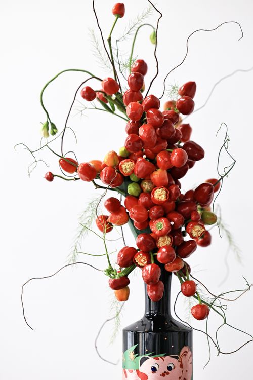Free Dynamic floral arrangement with vibrant red berries in a playful vase. Stock Photo