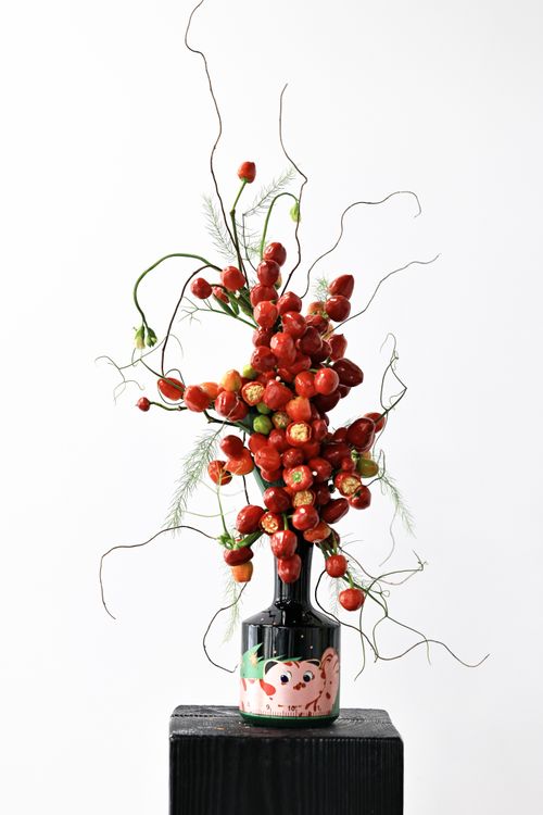 Free Elegant arrangement of red berries in a decorative vase with a minimalist backdrop, perfect for home decor inspiration. Stock Photo