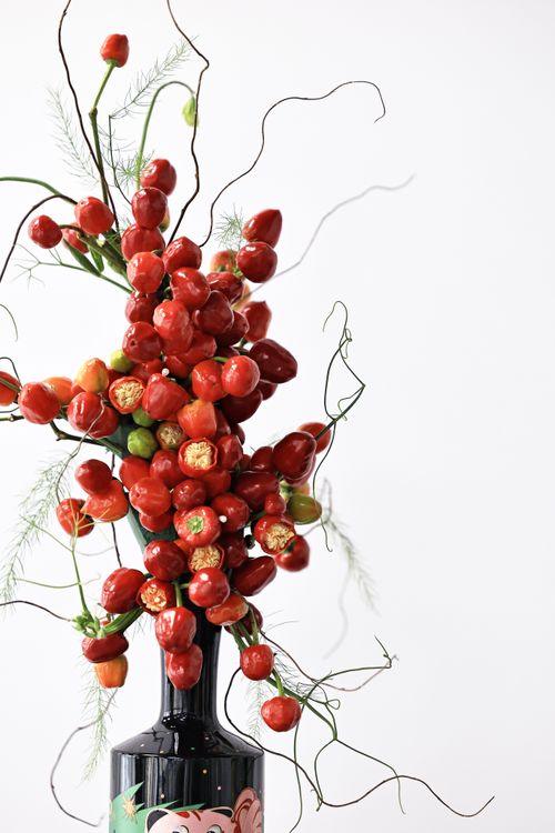 Free A striking display of red peppers creatively arranged in an artistic vase. Stock Photo