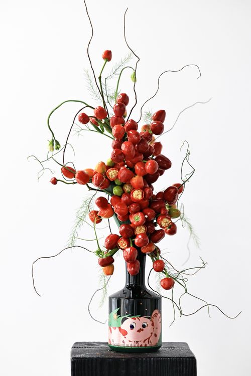 Free Vibrant arrangement of red chili peppers and greenery in a decorative vase against a white background. Stock Photo