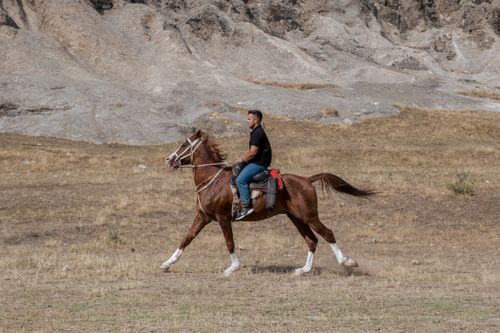 Free A man rides a brown horse across a rugged landscape in Afyonkarahisar, Türkiye. Stock Photo