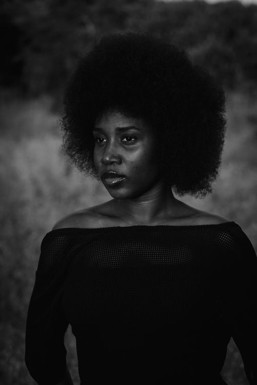 Free Elegant portrait of a woman with natural hair, captured in black and white outdoors. Stock Photo