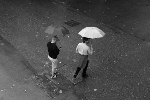 Black and white aerial view of two people with umbrellas on a rainy street.