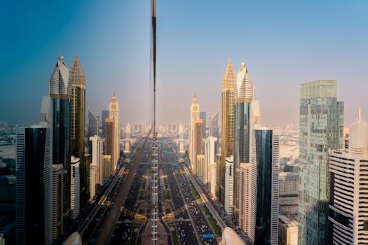 Stunning reflection of Dubai's Sheikh Zayed Road and skyscrapers on a clear day.