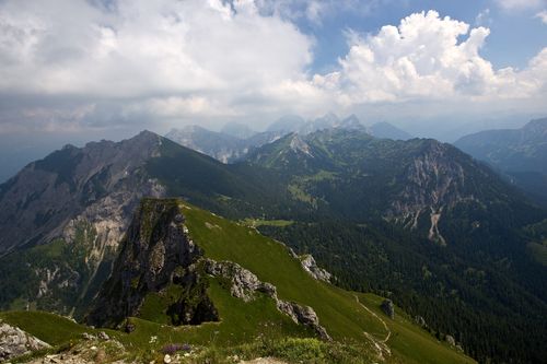 Free Breathtaking landscape of the Allgäu Alps, showcasing green valleys and dramatic peaks under a cloudy sky. Stock Photo