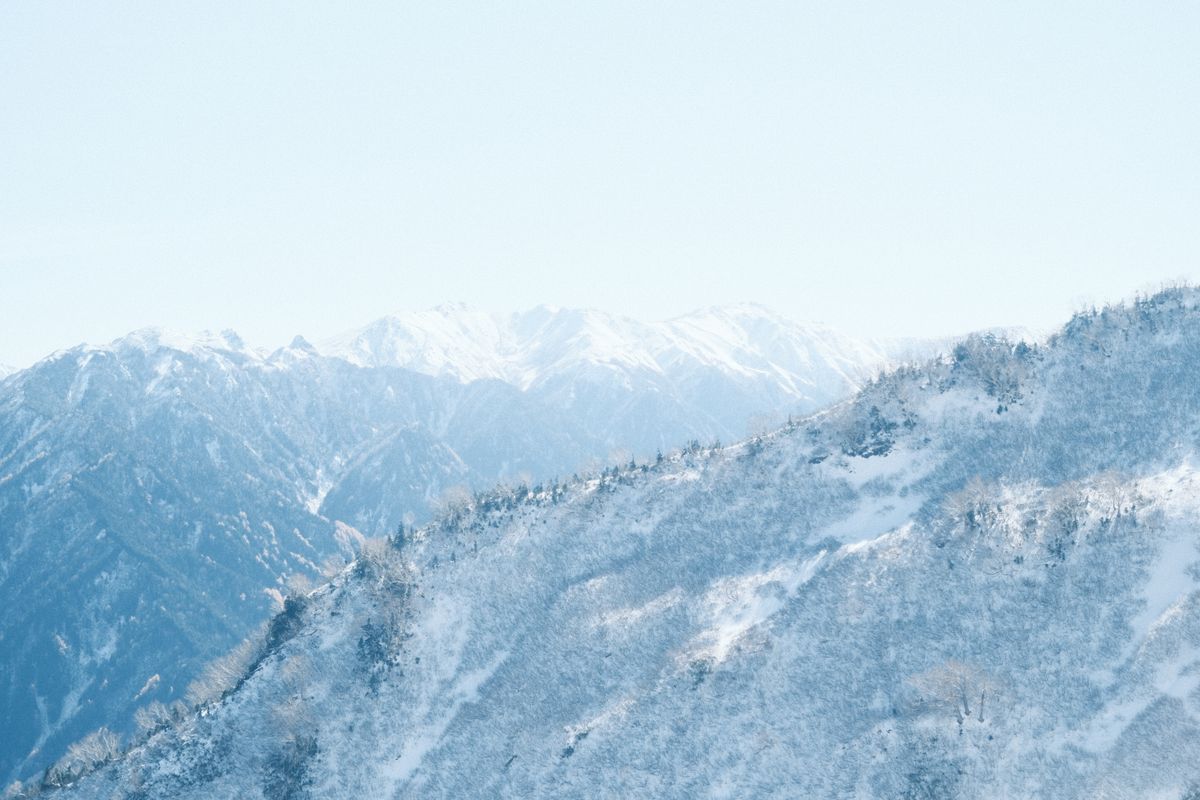 Scenic winter view of the Tateyama mountains covered in deep snow, Toyama, Japan