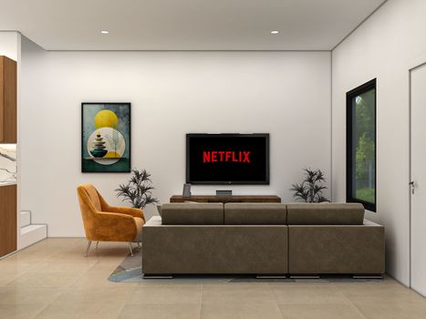 A stylish modern living room featuring a sofa, TV, and vibrant artwork, ideal for leisure and relaxation.