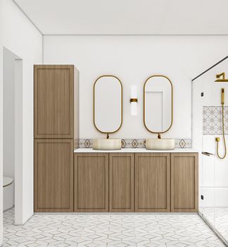 Sleek and stylish bathroom interior featuring wooden cabinets and elegant mirrors.