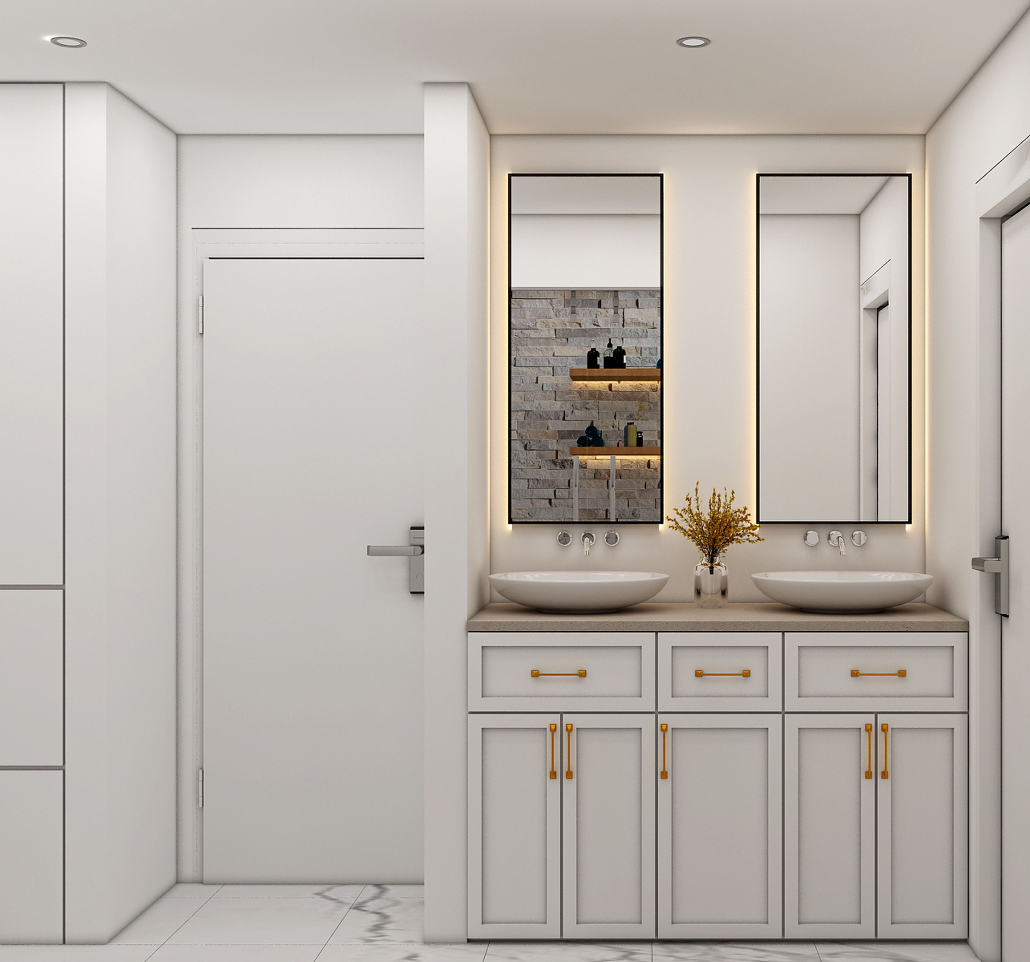 Elegant Modern Bathroom with Dual Sinks and Mirrors · Free Stock Photo
