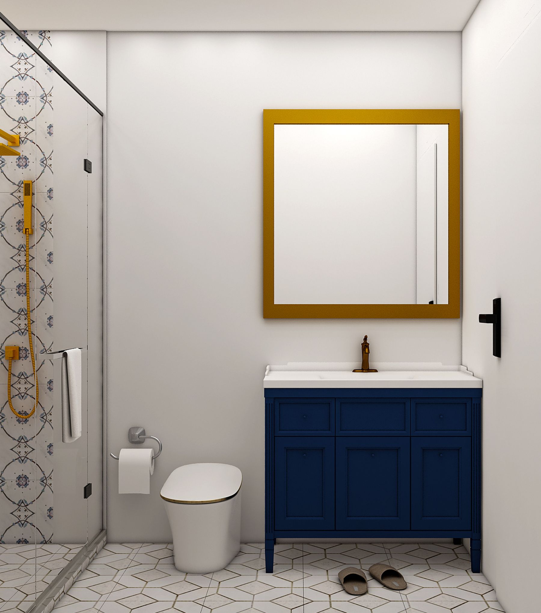 Blue vanity above geometric floor tile with a clearly defined material boundary