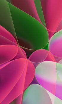 Dynamic abstract image with wavy forms in vibrant pink, green, and purple colors.