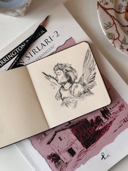 Sketch of an angel on notebook over a book, artistic and serene setting.