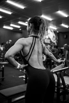 A woman in the gym performing strength training, showcasing muscular definition.