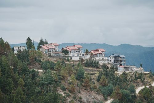 Free Aerial view of houses on a mountain ridge surrounded by pine trees on a cloudy day. Stock Photo