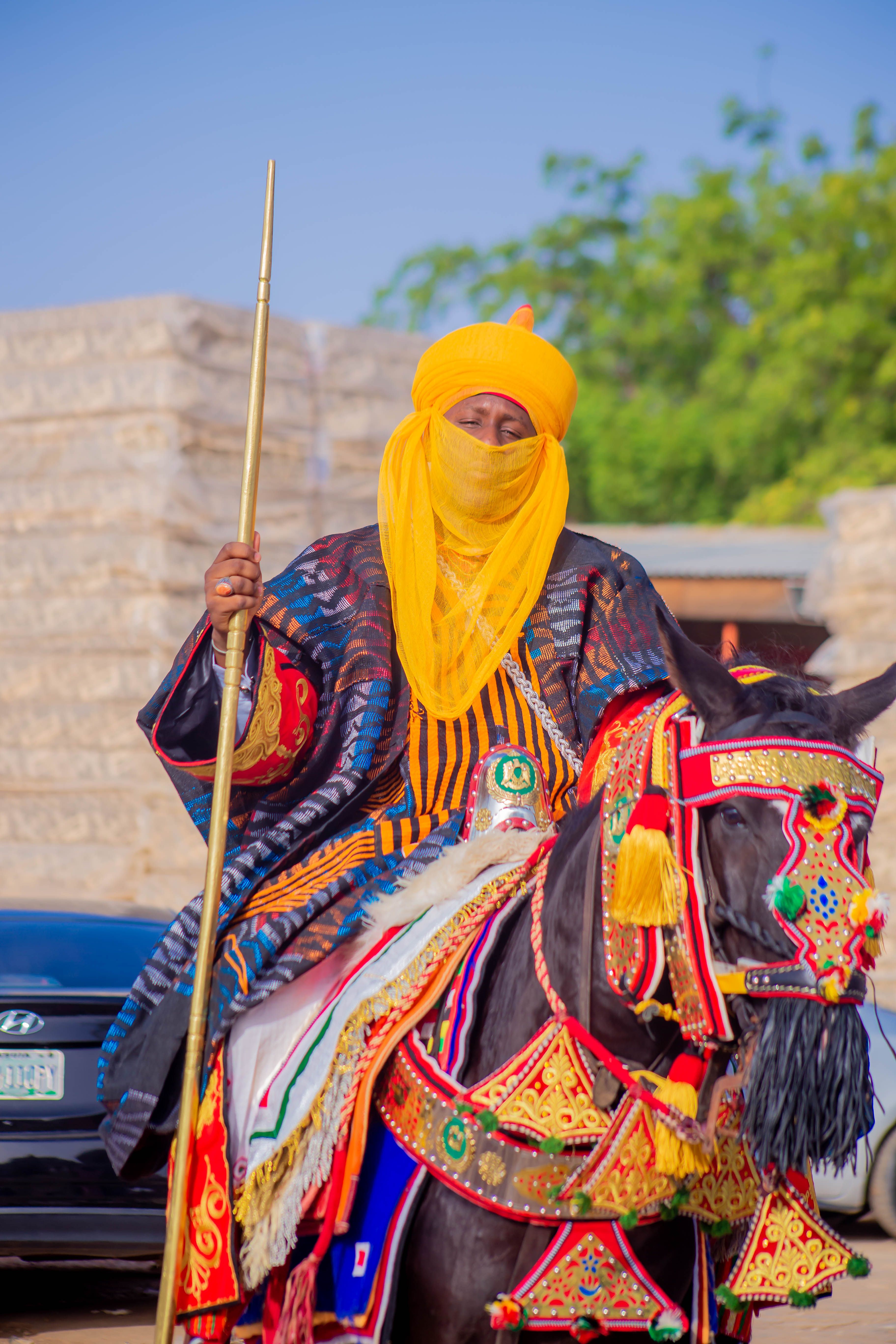 A vibrant depiction of an African horse rider in traditional attire, showcasing cultural heritage.
