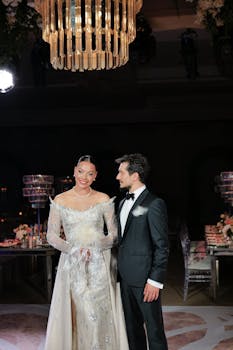 Bride and groom posing elegantly under a glamorous chandelier during their wedding.
