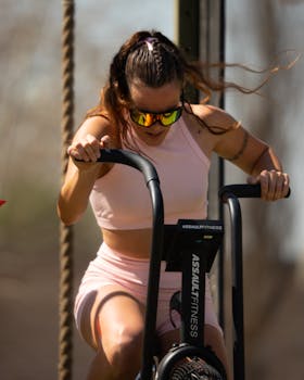 Focused woman in activewear using an assault bike outdoors on a sunny day.