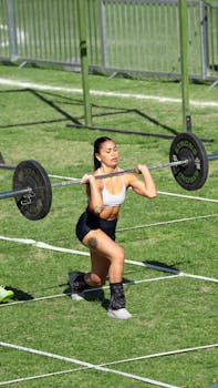 A woman athlete executes a barbell lunge during an outdoor fitness competition.