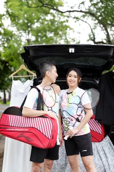 Cheerful couple preparing for a badminton game outdoors with racquets and sports gear.