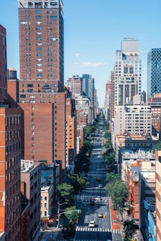 Aerial view of a bustling street in Midtown Manhattan showcasing tall buildings and clear blue skies.