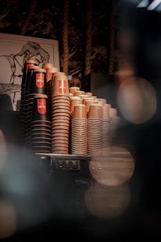 Warm, inviting cafe scene with stacked takeaway cups and bokeh lighting in Kermanshah, Iran.