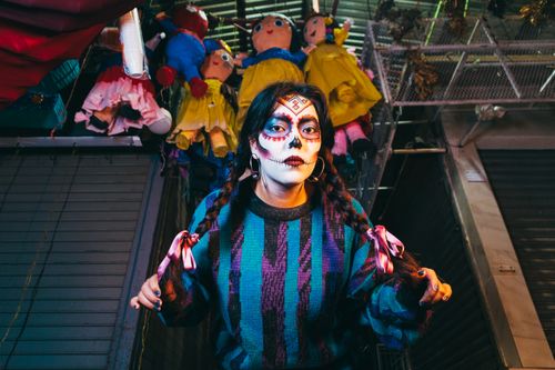 Free Colorful Day of the Dead portrait featuring Catrina makeup in Comitán de Domínguez market. Stock Photo