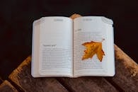 Open Book with Autumn Leaf on Wooden Table