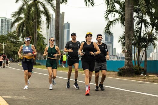 A group of diverse runners jogging along a scenic city pathway in Panama City, promoting healthy lifestyle.