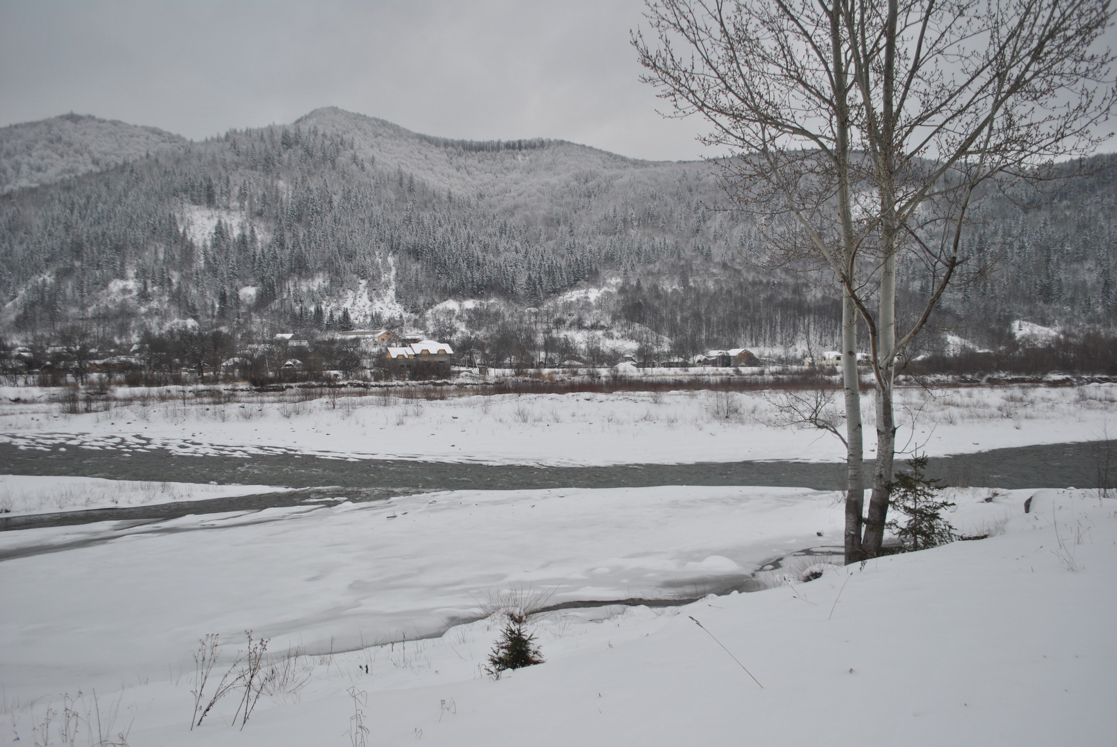 Snowy Winter Landscape with Mountains and River · Free Stock Photo
