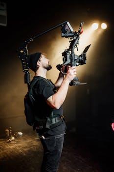 Filmmaker operating a cinematic camera with a stabilizing rig in a studio setting.