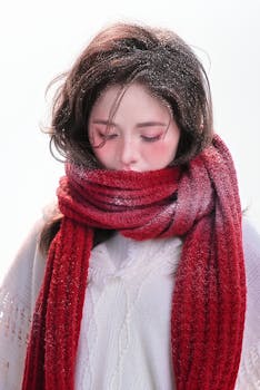 Portrait of a young woman with a red scarf and snowflakes in her hair, creating a winter mood.