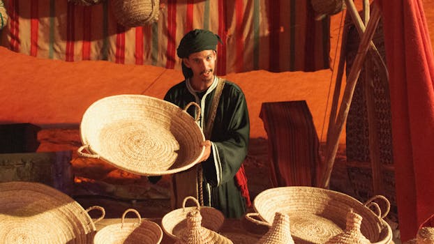 Traditional bazaar scene with a man displaying handcrafted baskets in rich ambient light.