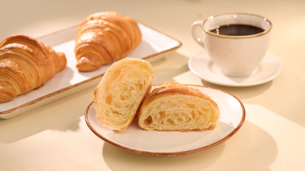 Freshly baked croissants served with a cup of black coffee, perfect for breakfast.