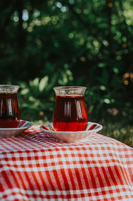 Charming outdoor setting with Turkish tea in tulip glasses on a checkered tablecloth.