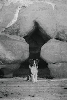 A Border Collie sits in front of a rocky cave entrance, exuding calmness and strength.