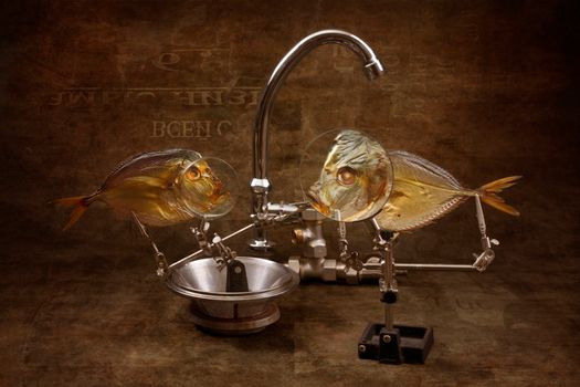 Surreal image of fish with magnifying glasses and lab setup, artistic concept.