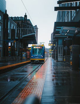 一辆充满活力的电车停靠在明尼阿波利斯市中心一个潮湿的车站，展示了城市的交通