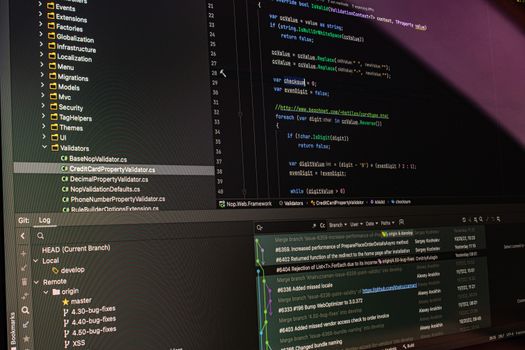 Close-up of software development tools displaying code and version control systems on a computer monitor.