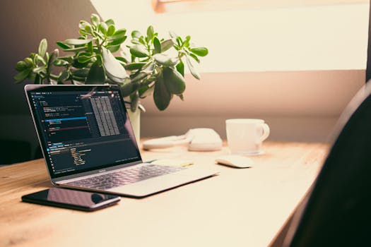 Cozy home office setup with laptop, tablet, and plant, ideal for work-from-home settings.