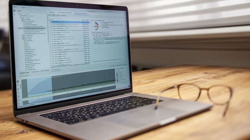 Modern laptop on a wooden desk displaying analytical software with eyeglasses nearby, indoor shot.
