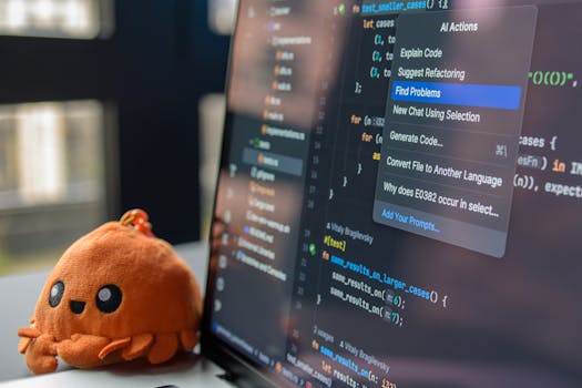 A laptop screen showing a code editor with a cute orange crab plush toy beside it.
