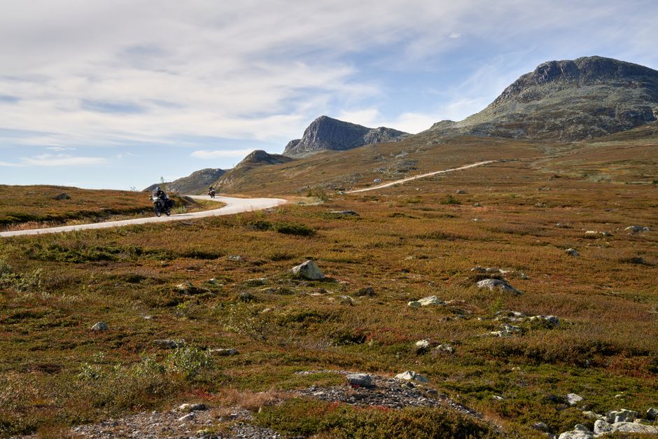 Two motorcyclists enjoy a scenic ride in Gaustatoppen, Telemark, Norway's stunning landscape.