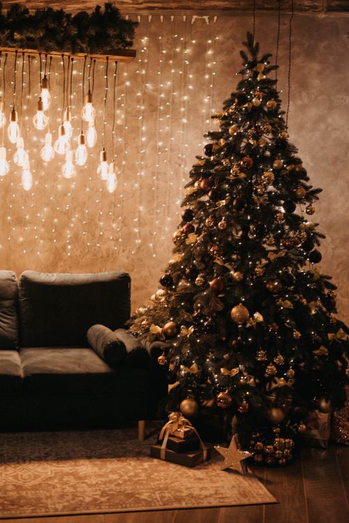 Free Elegant living room with a decorated Christmas tree and warm ambient lighting. Stock Photo