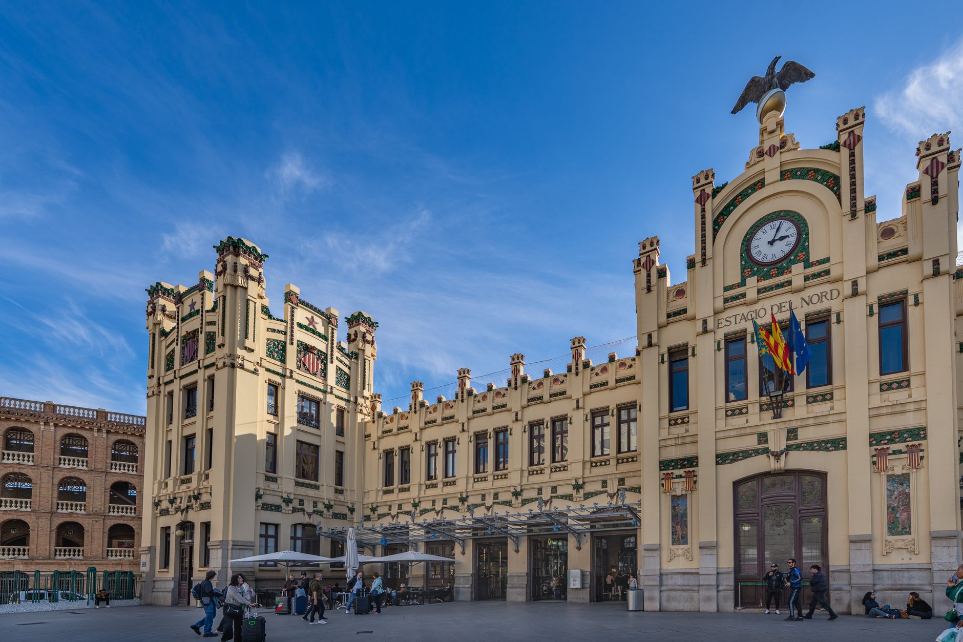 Exterior view of the historic Estación del Norte train station in Valencia, Spain.