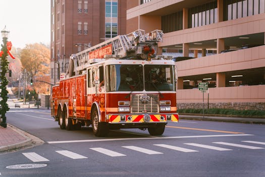 A red fire truck with a ladder drives down a city street in Marietta, showcasing urban readiness.