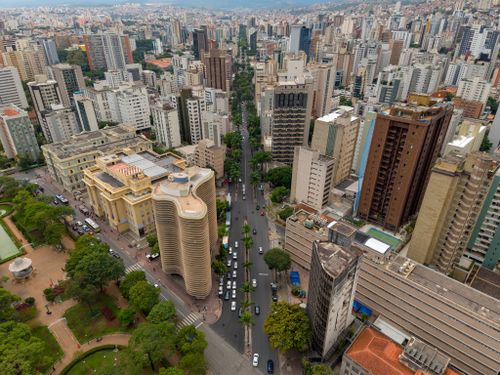 Free An impressive aerial view showcasing the dynamic urban skyline of Belo Horizonte, Brazil. Stock Photo