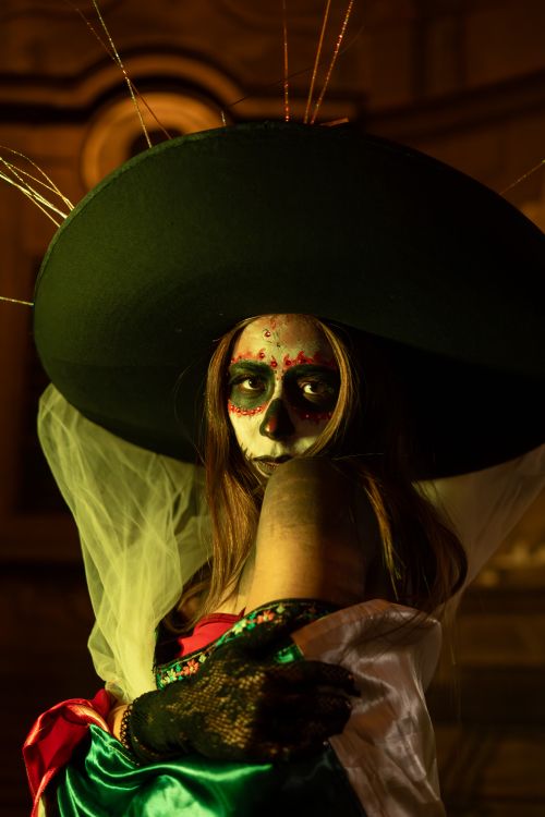 Free A woman dressed for Dia de los Muertos with elaborate skull makeup and traditional attire. Stock Photo